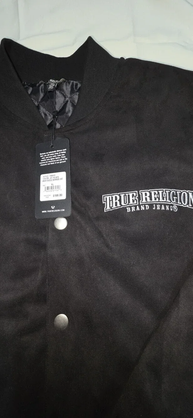 True Religion Men's Arch Suede Bomber Jacket XL with Button-Up Closure Black